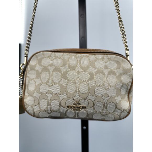 Coach Handbags - Coach Signature Canvas Camera Bag Crossbody Chain Strap Tan Leather